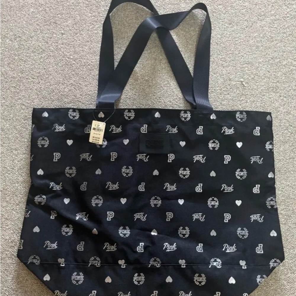 Brand New!  Victoria’s Secret PINK Black Silver Tote Bag Weekender Trip